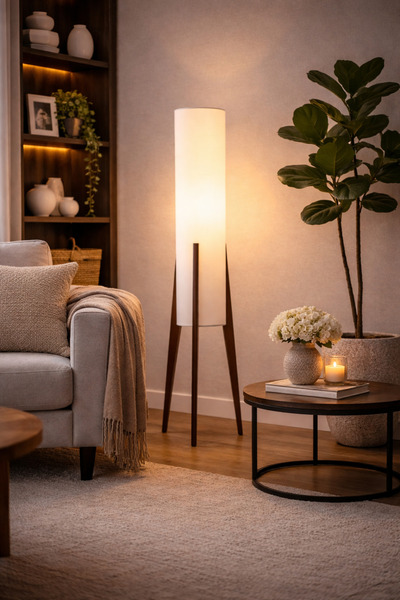 Crestj مصباح أرضي عصري فاخر بغطاء قماشي وأرجل خشبية ثلاثية- تصميم أنيق يضفي د...