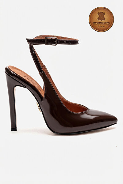 Ayakkabı Ateşi Γνήσιο δερμάτινο καφέ λουστρίνι με μυτερή μύτη και ψηλό λεπτό ...