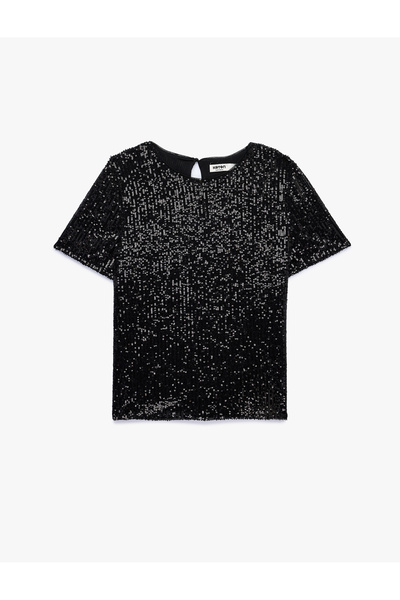 Koton Kısa Kollu Bisiklet Yaka Pullu Payetli Abiye Bluz