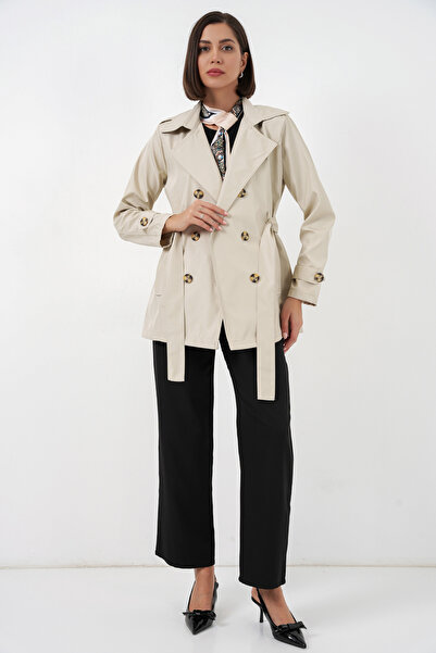 Modamorfo Women's Belted Short Trench Coat 5982 - Beige