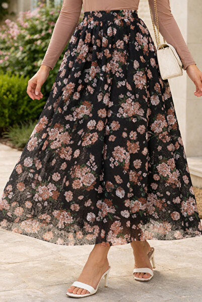 benguen Fusta cu imprimeu din dantela N2694 Negru