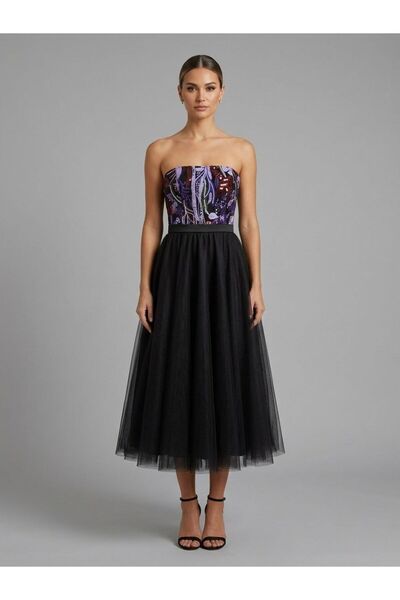 Tangül&Ali'S Moda Evi Tül Etekli Dantelli Straplez Midi Elbise