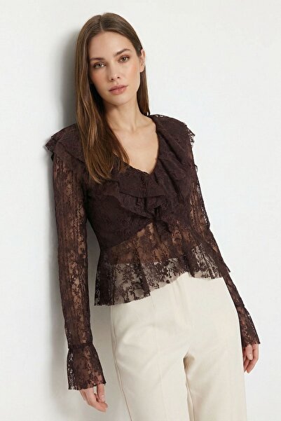 Rays Καφέ μπλούζα με λαιμόκοψη V και βολάν μπροστά 8490