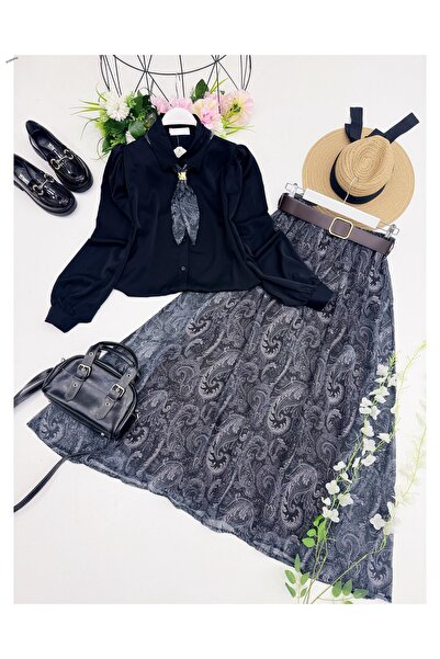 YEDİLALE Maya Fularli Shirt Skirt Dual Set [Belt, Scarf Included, Large Size]