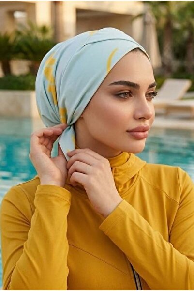 Aişe tesettür Blue Mustard Pattern Cross Pool - Sea Cap
