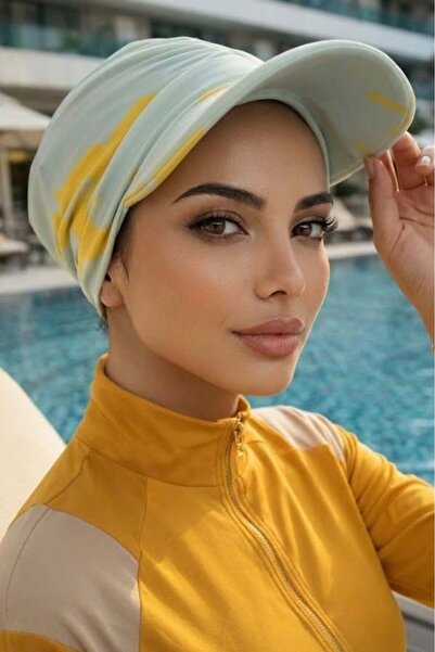 Aişe tesettür Soft Blue Mustard Pool - Can Be Used on Top of a Beach Hat/Swim...