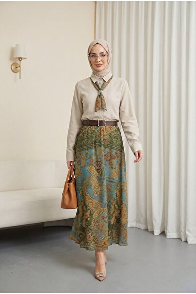 Modamorfo Set cu fustă cu nasturi și imprimeu etnic - bej