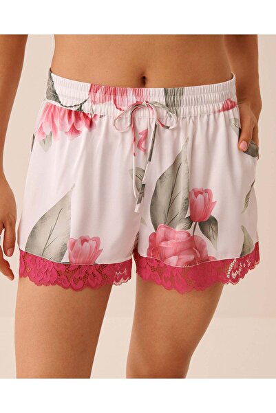 La Vie en Rose Camellia Print Lace Trim Satin Shorts