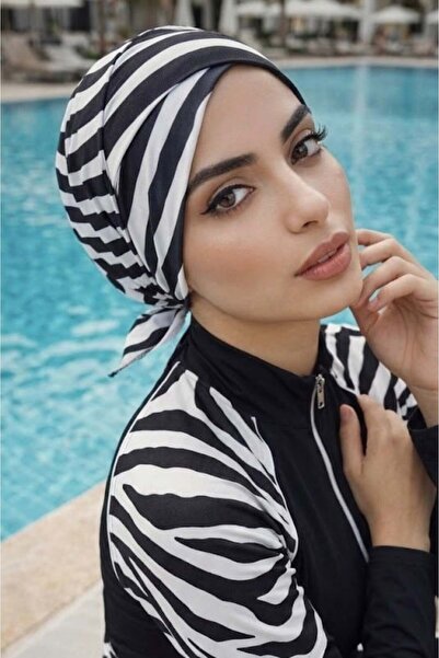 Aişe tesettür Black and White Zebra Cross Pool - Sea Cap