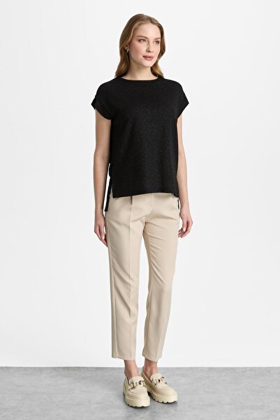Mutlu Ertan Women's Silvery Crew Neck Blouse Black 30472