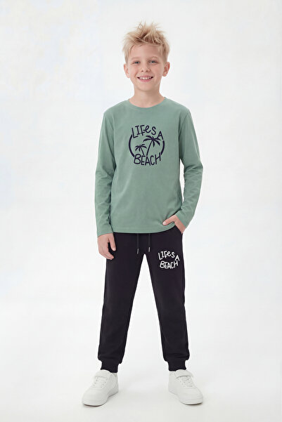 YA KO KİDS Round Neck Sweatshirt Sweatpants Printed Boys' Top and Bottom Set