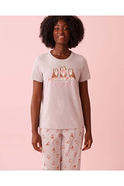La Vie en Rose Dog & Cupcake Print Cotton Crew Neck T-shirt