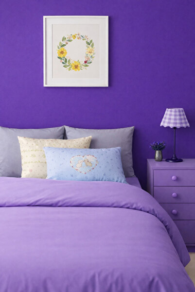 İQON Flat Sheet Duvet Cover Set 100% Cotton Single Size Lilac-Grey