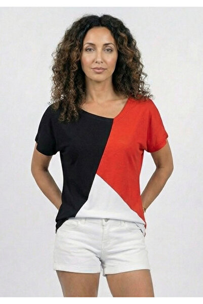 Little Visqon Γυναικείο μπλουζάκι με λεπτομέρειες σε σχέδιο μπλοκ, κοντομάνικ...