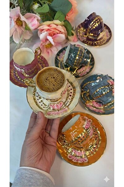 BY.RAYKA PORSELEN El Dekor VİKTORYA 6 LI EL BOYAMA PORSELEN KAHVE FİNCAN TAKIMI