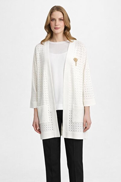 Mutlu Ertan Women's Perforated Patterned Knitwear Cardigan Ecru 20328