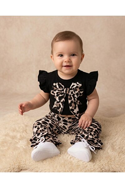 voyyo kids baby Baby Girl Bow Detailed Ruffle Summer Leopard Leggings 6-9-12-...