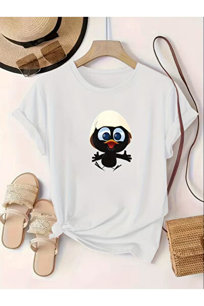 LİNA06 Plus-Size Round-Neck T-Shirt for Women Featuring a Printed Design of Its