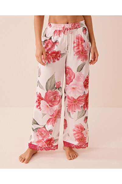 La Vie en Rose Camellia Print Lace Trim Satin Pants