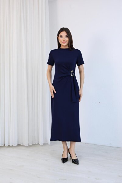 mielva Women's Navy Blue Modal Fabric Side Tie Buckle Detail Dress