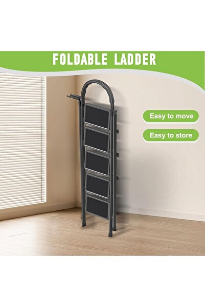 BESTONE 5 Step Black Steel Foldable Ladder, Portable Step Stool with Wide Non...