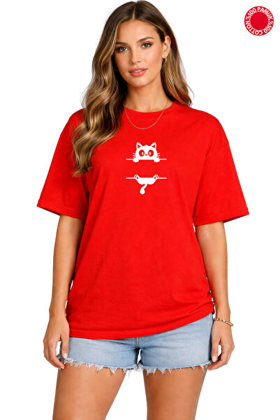 DUBU BUTİK Червона футболка оверсайз, унісекс, 100% бавовна, принт з котом, в...