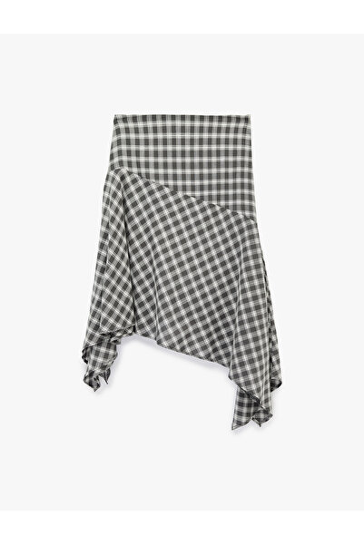 Koton Asymmetrical Cut Cotton Plaid Midi Skirt