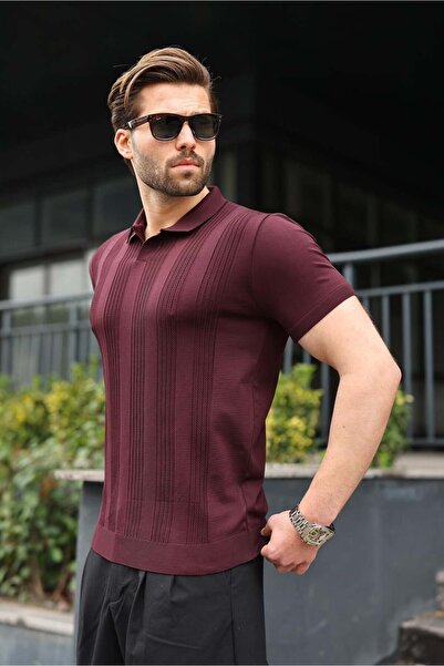 Madmext Tricou bărbătesc cu guler polo din tricotaj, culoare prună E7469