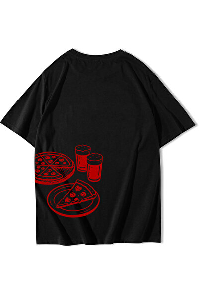BRZ COLLECTION Tricou unisex oversize cu imprimeu pizza, negru