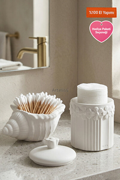 Arteliss 2'li Banyo Aksesuar Seti - Deniz Kabuğu Pamukluk ve Çiçek Kabartmalı...