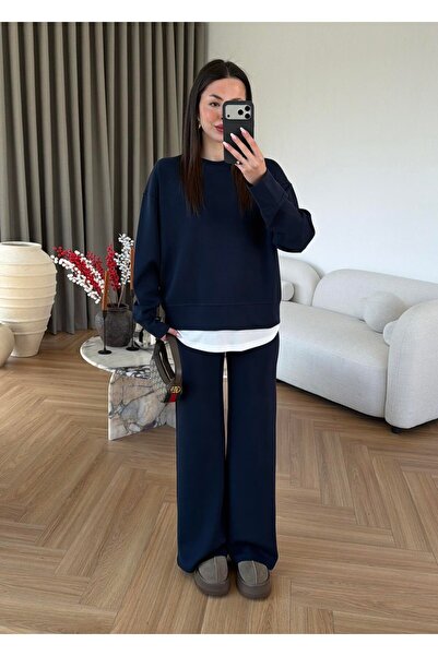 SHILSEE BEUTİQUE Women's White T-Shirt Detailled Modal Set Navy Blue