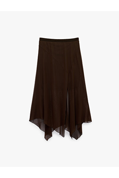 Koton Asymmetrical Cut Tulle Midi Skirt with Slit Detail