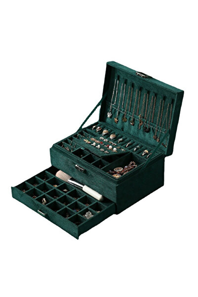 EHOME صندوق مجوهرات نسائي قابل للقفل، 3 طبقات، منظم مجوهرات كبير، أخضر