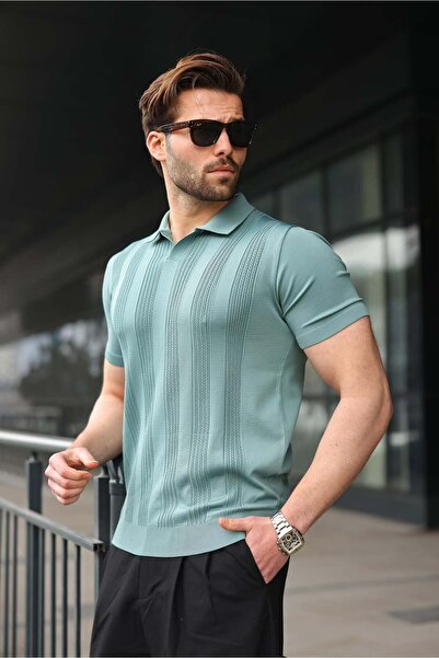 Madmext Water Green Polo Collar Knitwear Men's T-Shirt E7469