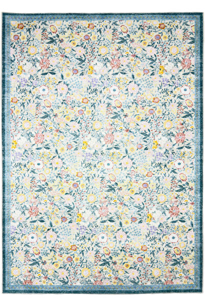 kilim home Flora Pastel Mavi Pembe Sarı Floral Bahçe Desenli Yıkanabilir Pamu...