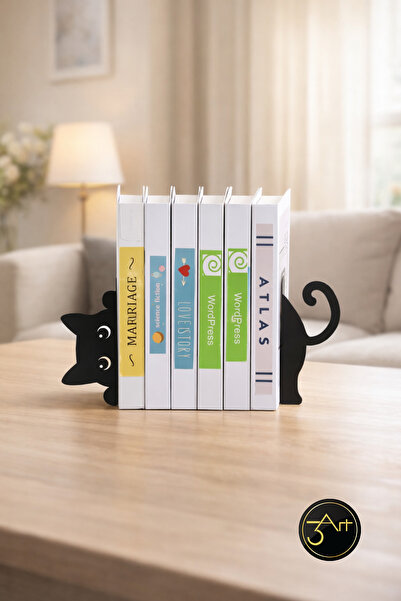 3Art Metal Dekorasyon Tic.Ltd.Şti 2'li Kedi Kitap Tutucu - Dekoratif Kitap De...