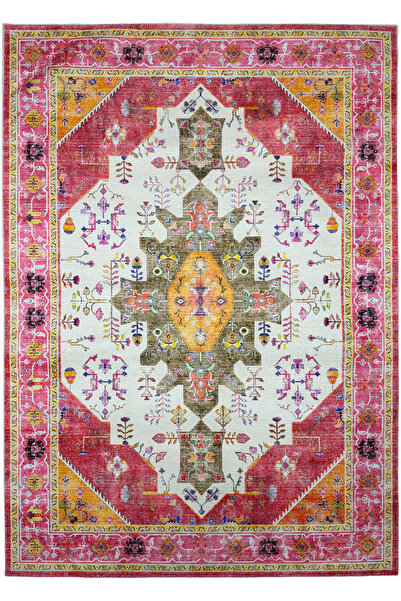 kilim home Flora Etnik Çiçekli Vintage Tarz Kırmızı-Pembe Yıkanabilir Pamuk T...