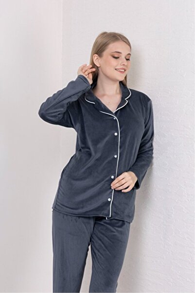 Elit Velvet Winter Women's Pajama Set with Front Buttons, Dowry Set, Gift