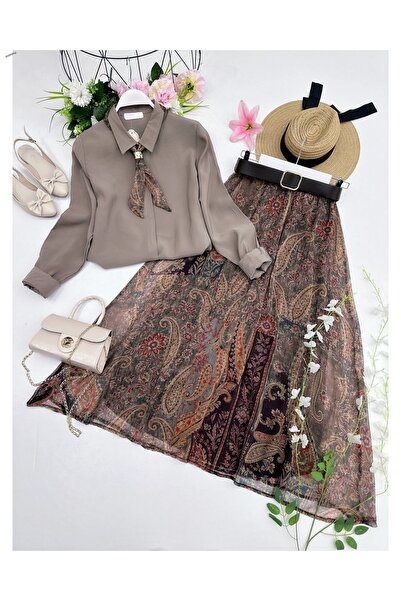 YEDİLALE Moda Fularli Shirt Skirt Dual Set [Scarf and Belt Are Included, Larg...