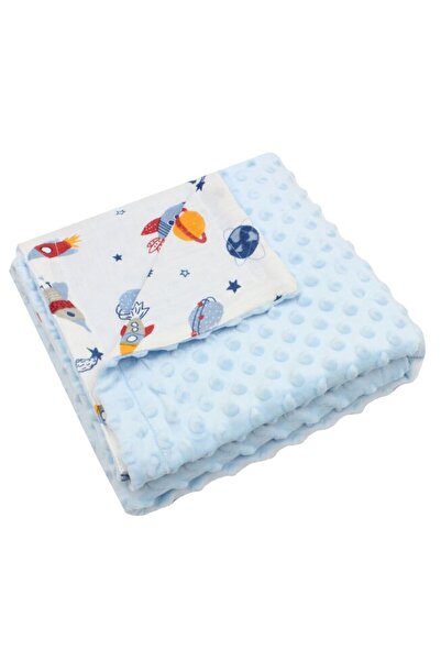 PRICHINDEL Pătură Minky, Muslină, Rachete și Planete, 80x100cm, Albastru