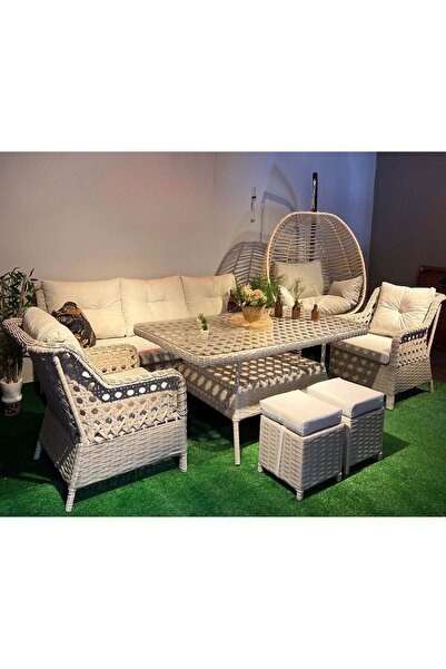 SALINCAKCIM RATTAN BAHÇE VERANDA TERAS BALKON OTURMA GRUBU 3+1+1 KREM