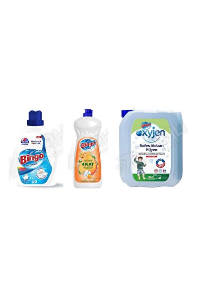 Bingo Liquid Det. for Whites 1755 ml + Dishwashing Detergent 650 ml + Bleach ...