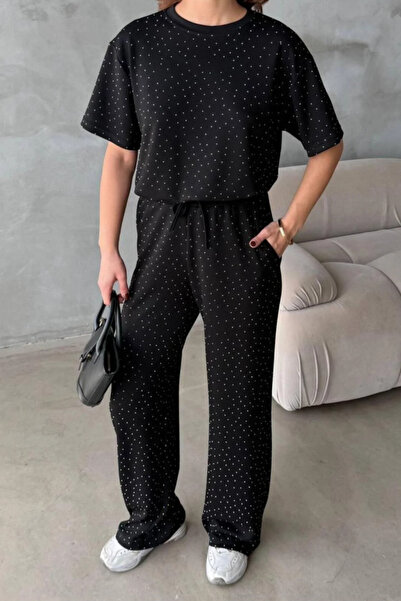 Moda Palmiss Women's Black Sparkling Stone Detailed Short Sleeve Loose Two-Pi...