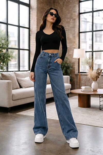 BİENAL BUTİK Lycra Women's Medium Snow Super High Waist Loose Leg Jean Denim ...