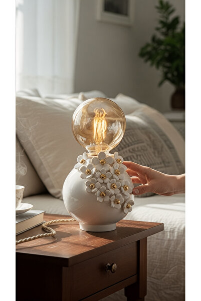 EL YAPIMI 24k Altın Süslemeli Çiçek Bahçesi Temalı Seramik Abajur Gece Lambası