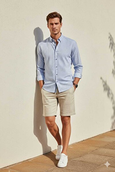 Louis Fabel Collar Buttoned Micro Patterned Long Sleeve Men's Shirt