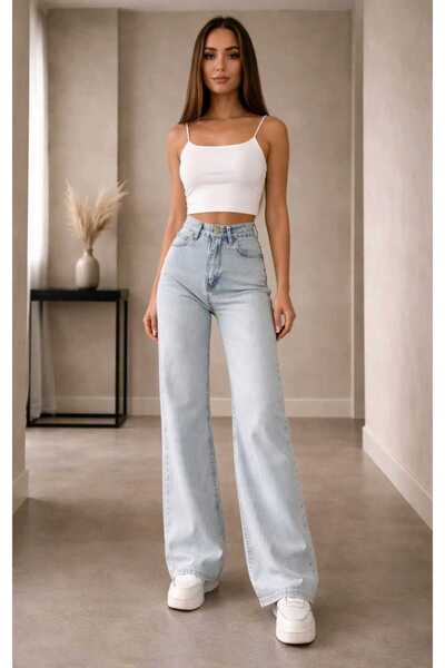 TRENDNATUREL Ледено сини палацо дънки от ликра със супер висока талия и свобо...