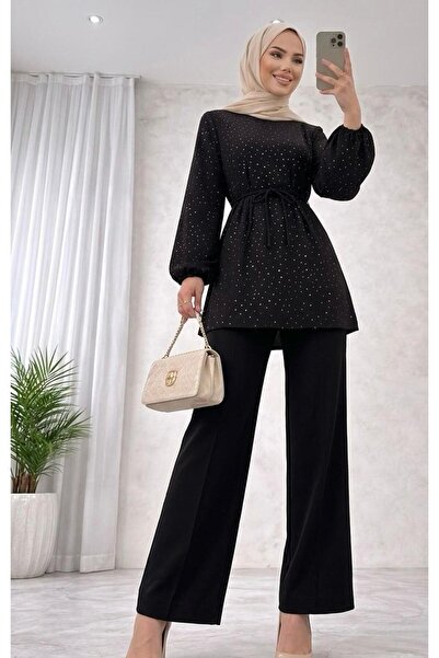 onlymoon Set pantaloni tunică cu imprimeu Tesettür Stone Negru |   Combinație...