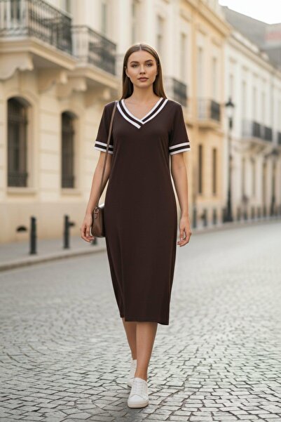 Mossta Вискозна рокля с къс ръкав, V-образно деколте, оребрени ръкави и яка -...