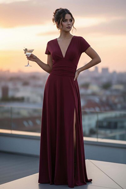 Mossta Дълга пясъчна рокля с дълбоко V-образно деколте и детайли с цепки - Бордо